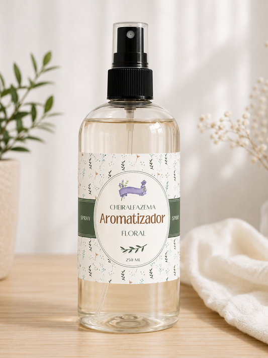 Aromatizador spray floral em frasco de vidro transparente com válvula preta, 250 ml