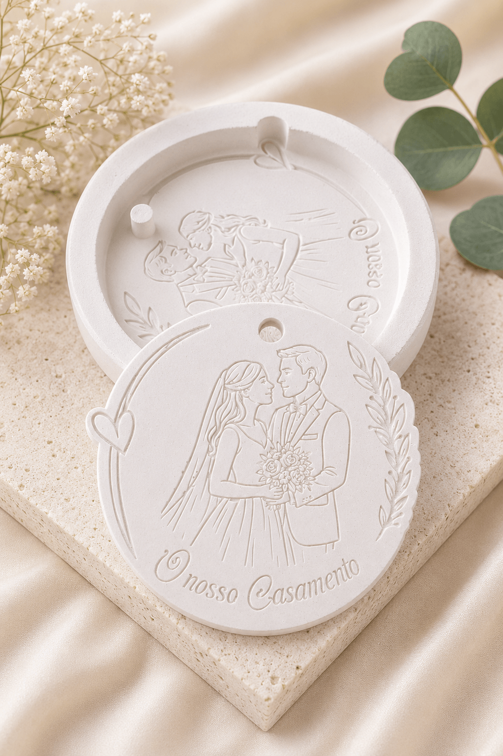 Molde redondo «O nosso Casamento» com casal em relevo e flores