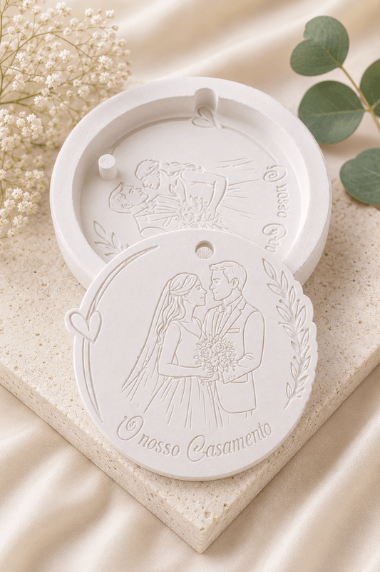Molde redondo «O nosso Casamento» com casal em relevo e flores
