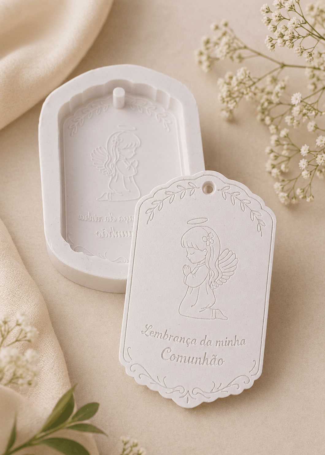 Molde de lembrança de comunhão para menina, com forma de anjo e etiqueta