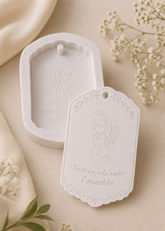 Molde de lembrança de comunhão para menina, com forma de anjo e etiqueta