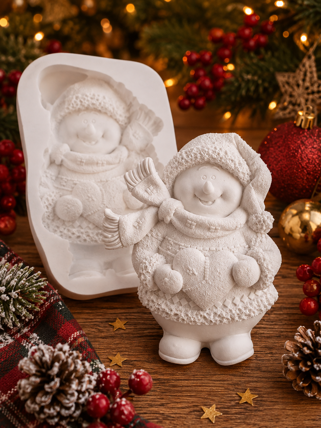 Molde de silicone branco com Pai Natal em relevo e boneco sentado de inverno