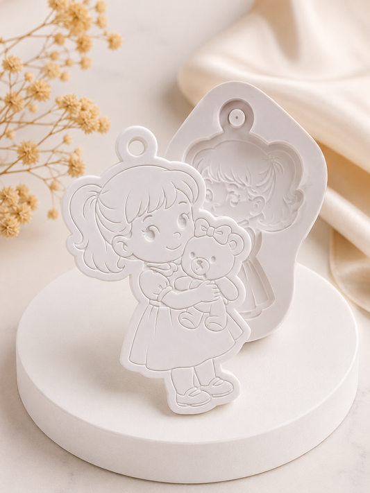 Molde de menina com ursinho em relevo, formato de figura infantil, branco