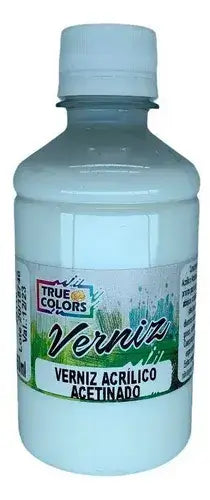 Verniz acrílico acetinado True Colors em frasco azul-claro, etiqueta verde e preta