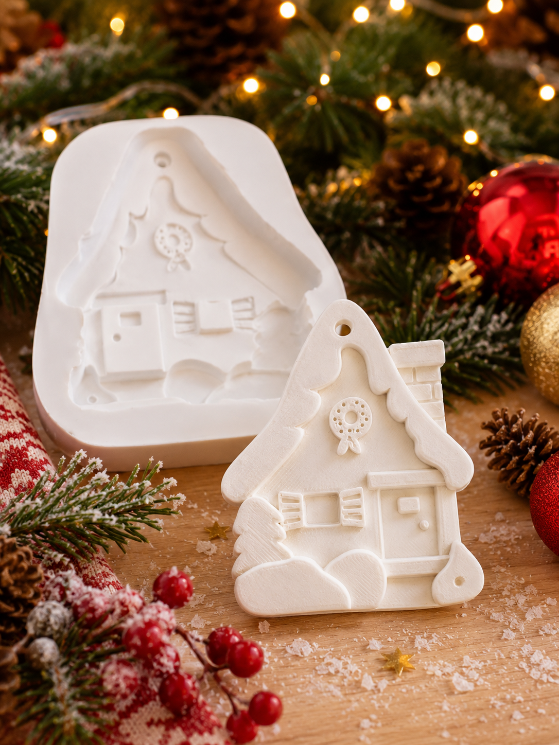 Molde de silicone para casa de Natal, em formato de casinha e detalhes