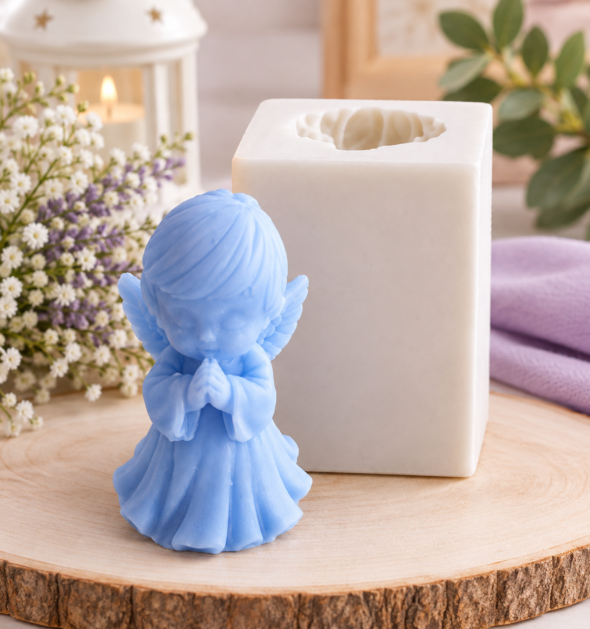 Molde de vela com anjo menino azul a rezar em relevo 3D