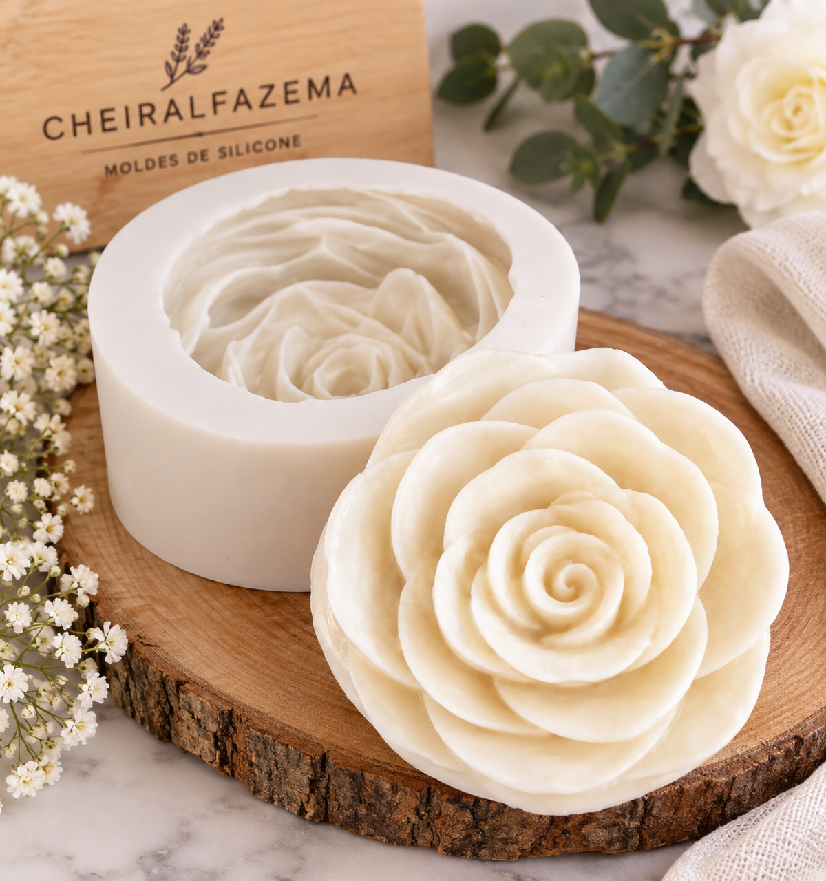 Molde de silicone branco de flor grande em forma de rosa