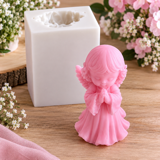 Molde 3D de anjo menina a rezar, com figura em resina rosa