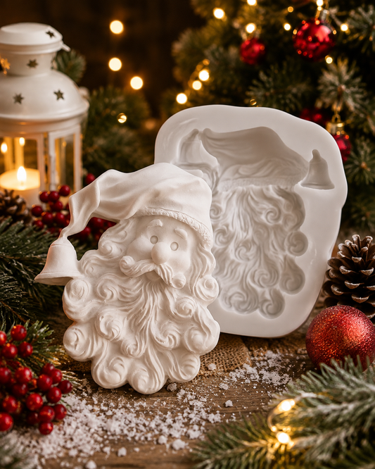 Molde em silicone branco da cabeça do Pai Natal com chapéu e barba em relevo