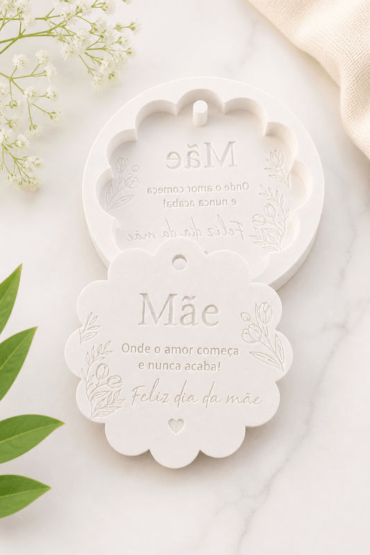 Molde floral em cartão branco em forma de flor com coração e texto “Mãe”