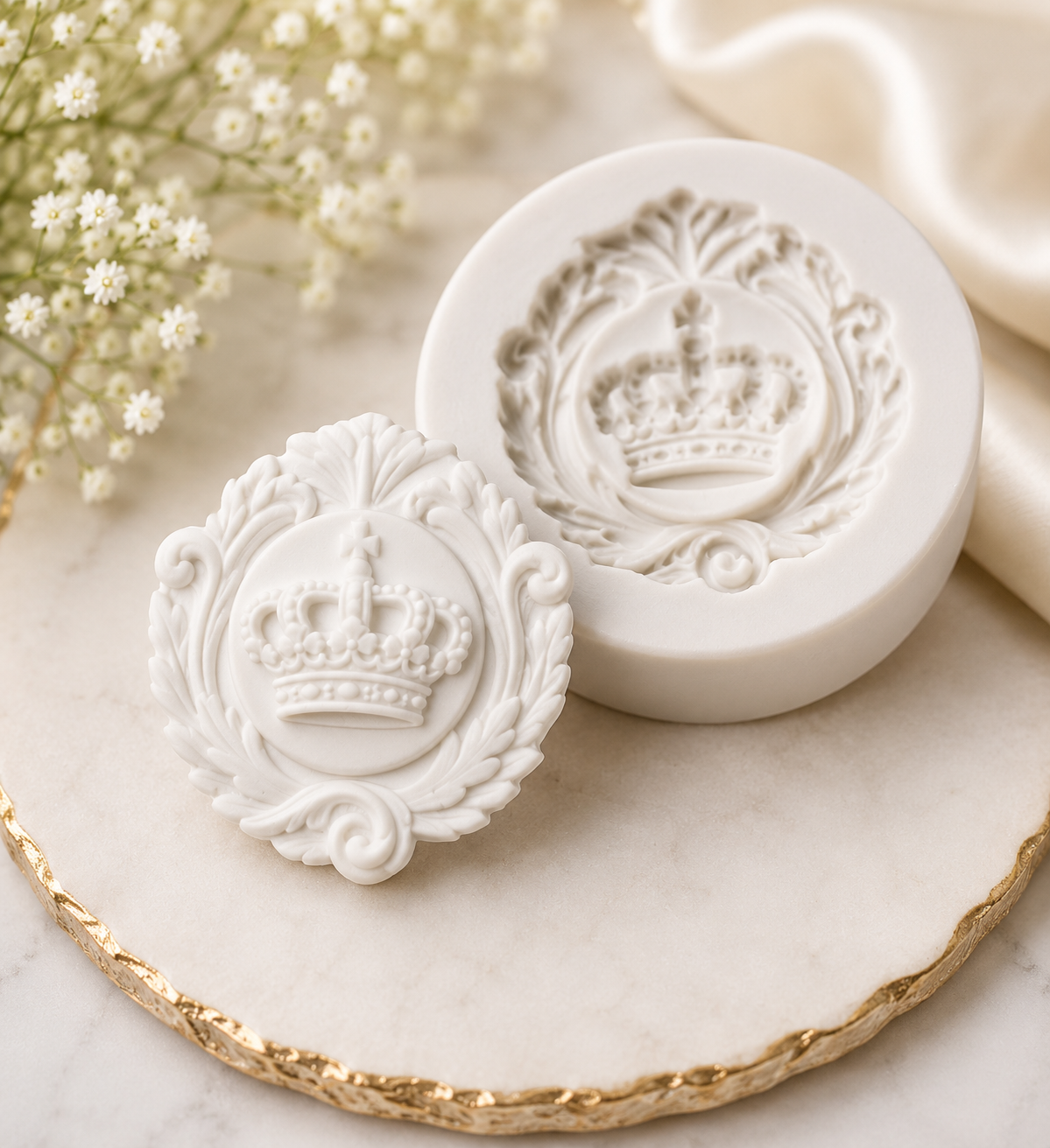 Molde de coroa em silicone branco com padrão de coroa em relevo