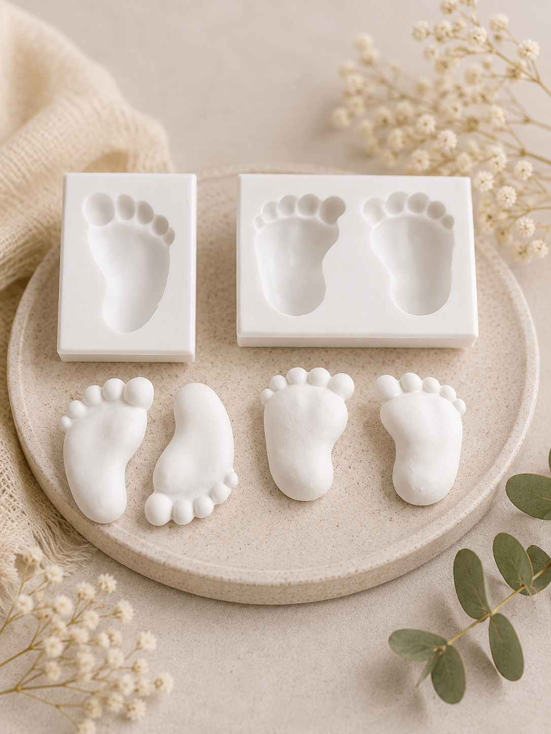 Conjunto de moldes retangulares com formas de pés de bebé, branco