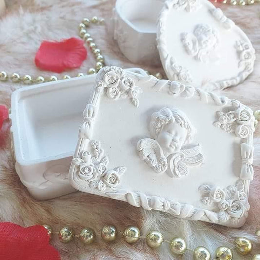 Moldura porta-joias rectangular branca com anjo em relevo e rosas decorativas