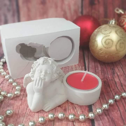 Porta-vela molde anjo 3D branco com vela vermelha em taça